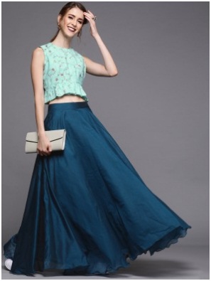 Sea Green & Teal Blue Chanderi Cotton Lehenga